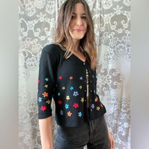 Vintage 80s CLIO Petites Black Silk Colorful Floral Embroidered Cardigan Sweater - Picture 9 of 14